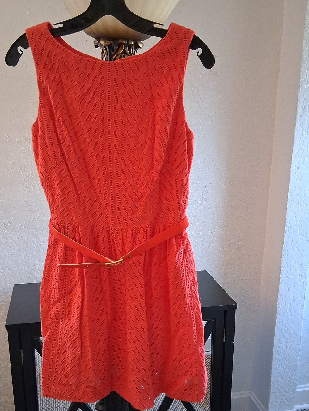 Trina Turk Coral Eyelet Sleeveless Fit-and-Flare Dress with Belt